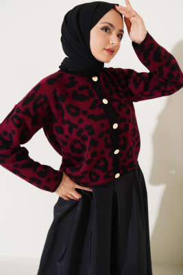 Düğmeli Leopar Desen Kısa Triko Hırka Bordo - Triko Hırka