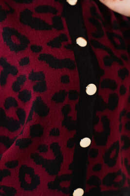 Düğmeli Leopar Desen Kısa Triko Hırka Bordo - Triko Hırka