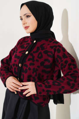Düğmeli Leopar Desen Kısa Triko Hırka Bordo 