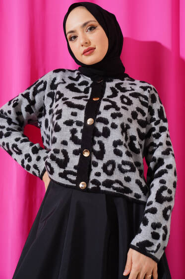 Düğmeli Leopar Desen Kısa Triko Hırka Gri - Hırka