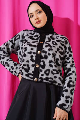 Düğmeli Leopar Desen Kısa Triko Hırka Gri - KILIÇ TRİKO