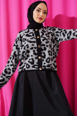 Düğmeli Leopar Desen Kısa Triko Hırka Gri - Triko Hırka