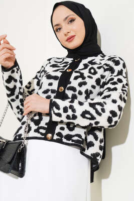 Düğmeli Leopar Desen Kısa Triko Hırka Taş 