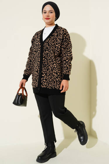 Düğmeli Leopar Desenli Triko Hırka Siyah Latte - Hırka