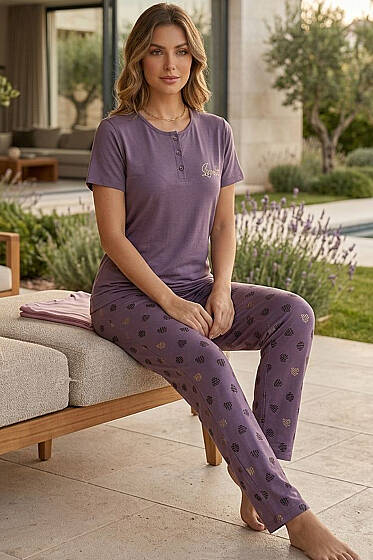 Düğmeli Love Nakışlı Pijama Takımı Leylak - Pijama