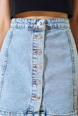 Düğmeli Mini Kot Etek Kar Yıkama - Kadın Giyim Modelleri