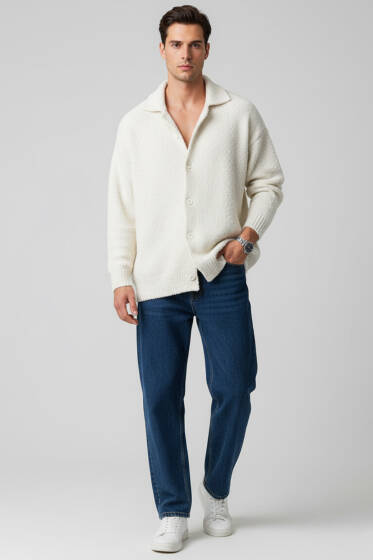 Düğmeli Örme Erkek Kuzu Ceket Kemik - Erkek Ceket