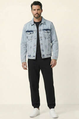 Düğmeli Oversize Denim Erkek Ceket Mavi Kar - Erkek Ceket