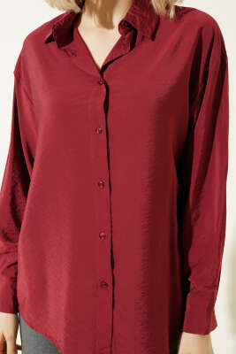 Düğmeli Oversize Gömlek Bordo - Kadın Giyim Modelleri