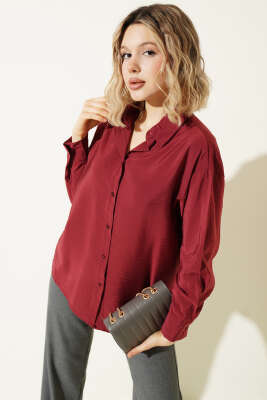 Düğmeli Oversize Gömlek Bordo 