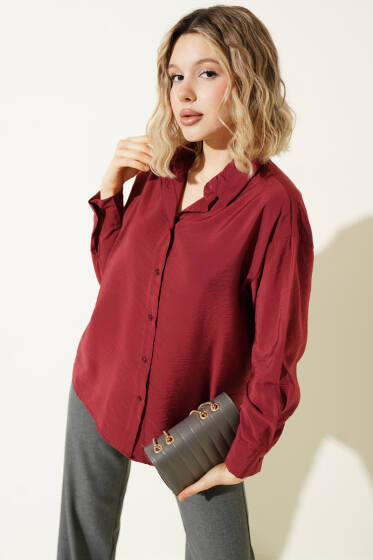 Düğmeli Oversize Gömlek Bordo - Kadın Giyim Modelleri