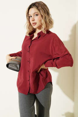 Düğmeli Oversize Gömlek Bordo - Kadın Giyim Modelleri