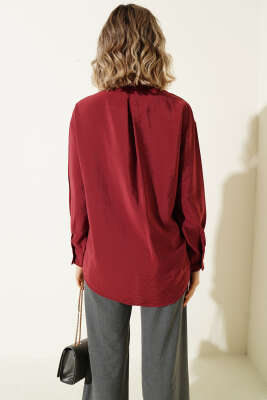 Düğmeli Oversize Gömlek Bordo - Kadın Giyim Modelleri