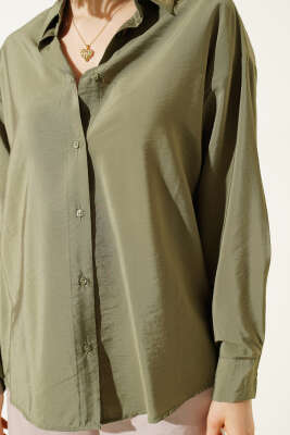 Düğmeli Oversize Gömlek Haki - Kadın Giyim Modelleri