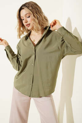 Düğmeli Oversize Gömlek Haki 
