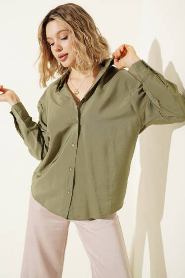 Düğmeli Oversize Gömlek Haki - Kadın Giyim Modelleri