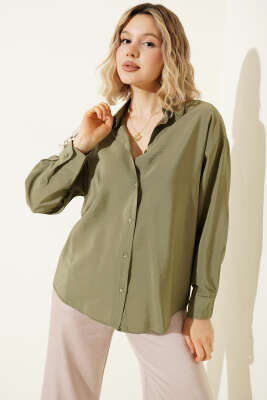 Düğmeli Oversize Gömlek Haki - Kadın Giyim Modelleri