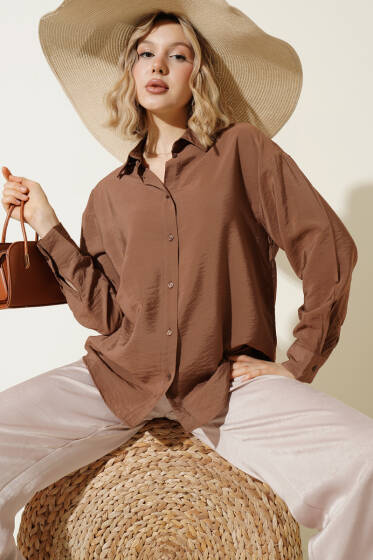 Düğmeli Oversize Gömlek Kahve - Kadın Giyim Modelleri