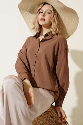 Düğmeli Oversize Gömlek Kahve - Kadın Giyim Modelleri