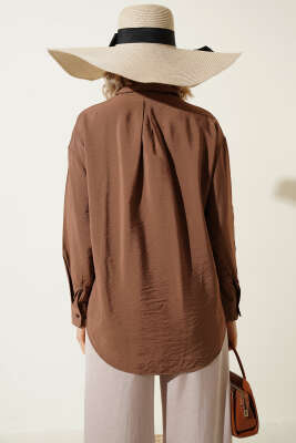 Düğmeli Oversize Gömlek Kahve - Kadın Giyim Modelleri