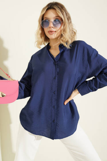 Düğmeli Oversize Gömlek Lacivert - Kadın Giyim Modelleri