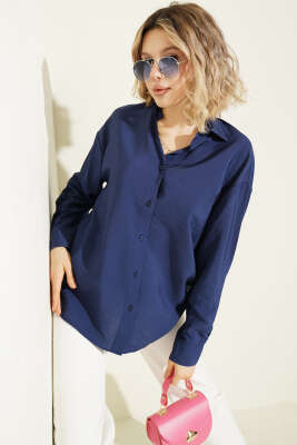 Düğmeli Oversize Gömlek Lacivert - Kadın Giyim Modelleri