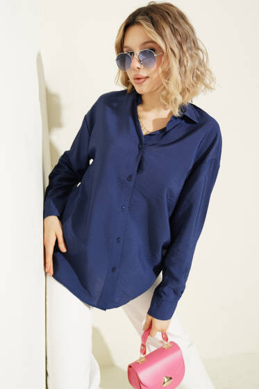 Düğmeli Oversize Gömlek Lacivert - Kadın Giyim Modelleri