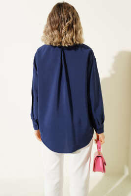 Düğmeli Oversize Gömlek Lacivert - Kadın Giyim Modelleri