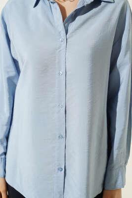 Düğmeli Oversize Gömlek Mavi - Kadın Giyim Modelleri