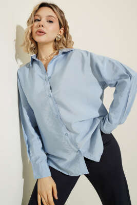 Düğmeli Oversize Gömlek Mavi - Kadın Giyim Modelleri