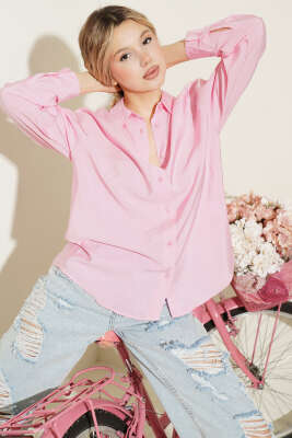 Düğmeli Oversize Gömlek Pembe - LEVURE