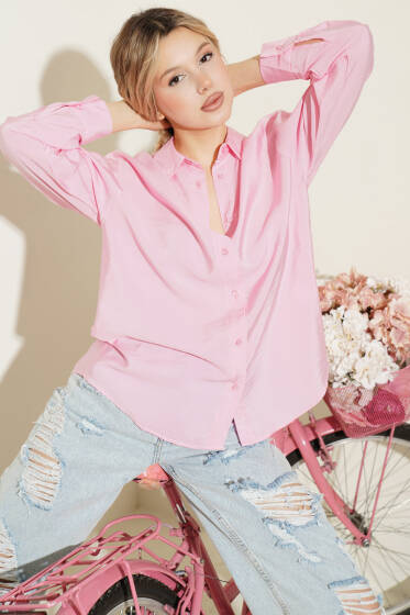 Düğmeli Oversize Gömlek Pembe - Kadın Giyim Modelleri