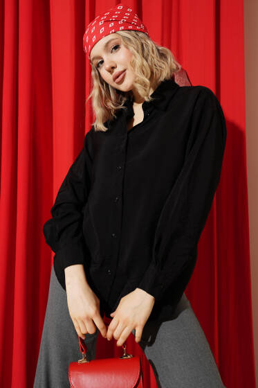 Düğmeli Oversize Gömlek Siyah - Kadın Giyim Modelleri