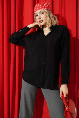 Düğmeli Oversize Gömlek Siyah - Kadın Giyim Modelleri