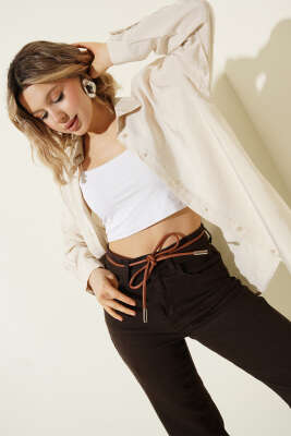 Düğmeli Oversize Gömlek Taş - Kadın Giyim Modelleri