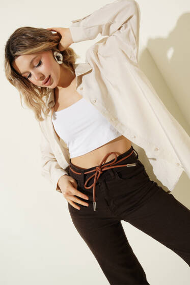 Düğmeli Oversize Gömlek Taş - Kadın Giyim Modelleri