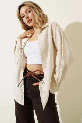 Düğmeli Oversize Gömlek Taş - Kadın Giyim Modelleri