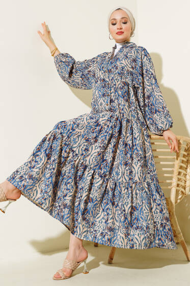 Düğmeli Patlı Desenli Elbise Indıgo - Elbise