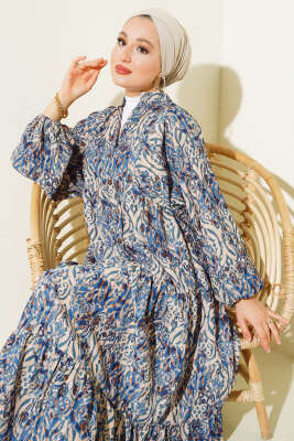 Düğmeli Patlı Desenli Elbise Indıgo - Tesettür Elbise