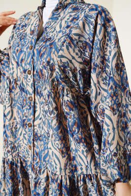 Düğmeli Patlı Desenli Elbise Indıgo - Tesettür Elbise