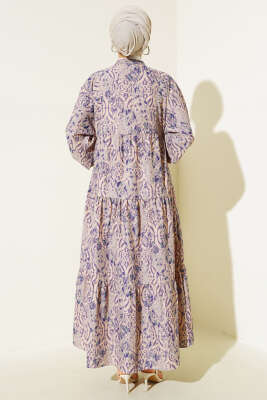 Düğmeli Patlı Desenli Elbise Menekşe - Tesettür Elbise