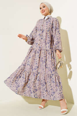 Düğmeli Patlı Desenli Elbise Menekşe 