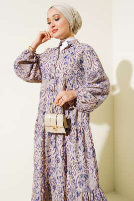 Düğmeli Patlı Desenli Elbise Menekşe - Tesettür Elbise