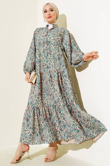 Düğmeli Patlı Desenli Elbise Mint - Elbise