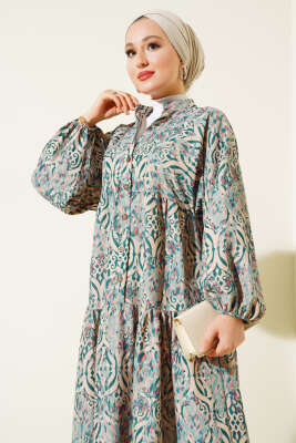 Düğmeli Patlı Desenli Elbise Mint - Tesettür Elbise