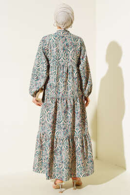 Düğmeli Patlı Desenli Elbise Mint - Tesettür Elbise