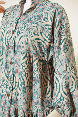 Düğmeli Patlı Desenli Elbise Mint - Tesettür Elbise