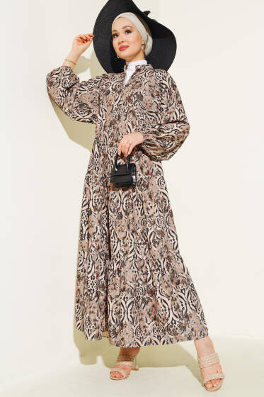 Düğmeli Patlı Desenli Elbise Siyah - Elbise