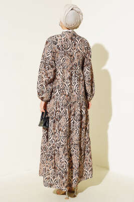 Düğmeli Patlı Desenli Elbise Siyah - Tesettür Elbise