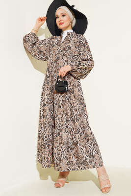 Düğmeli Patlı Desenli Elbise Siyah